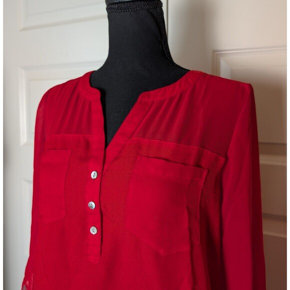 Express Red Blouse Size S Panels Roll up Sleeve Pockets Chic Colorful Career - Picture 1 of 7